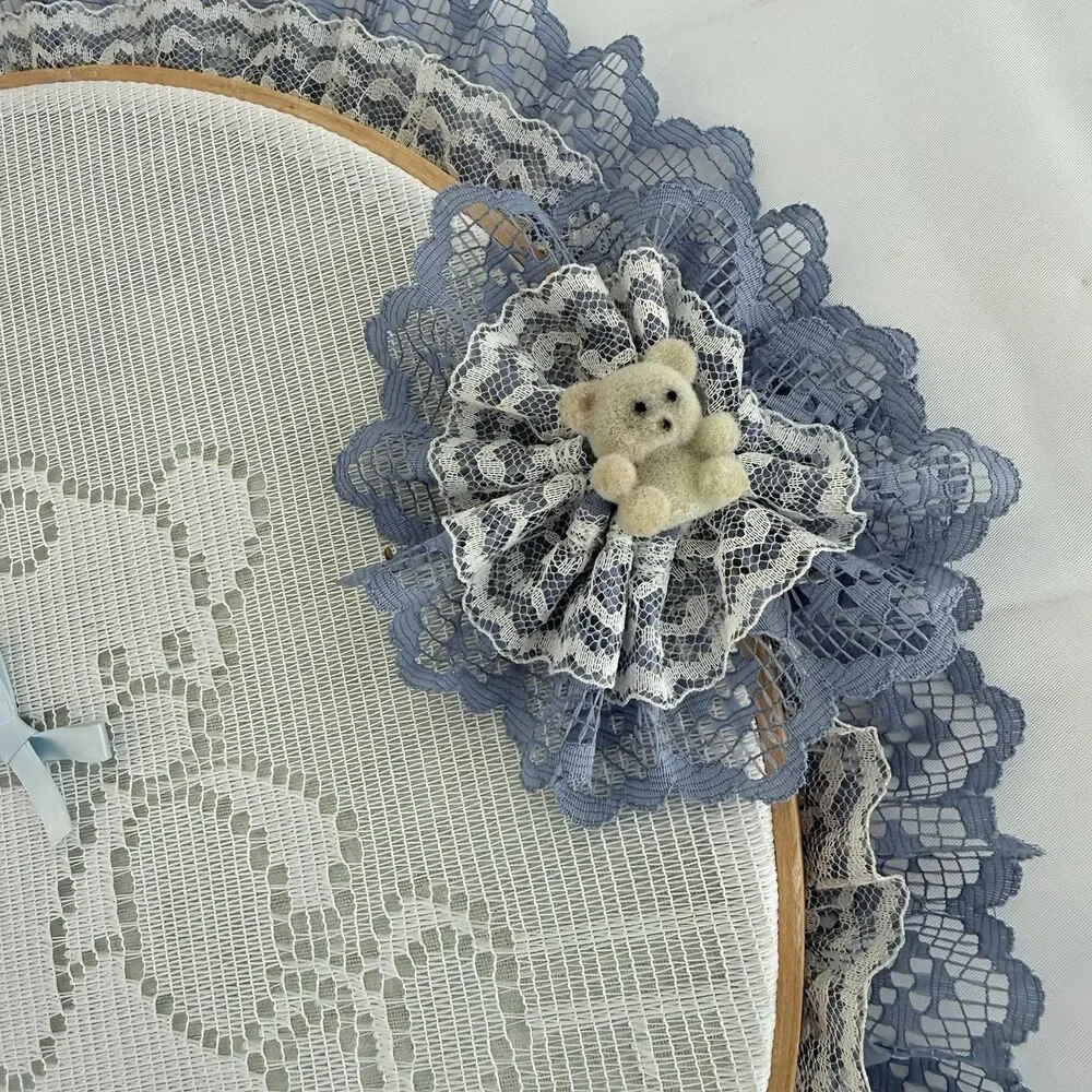 Vtg Teddy Bear Lace Hoop Wall Art Country Blue Cottagecore Kitsch Handmade 12 in